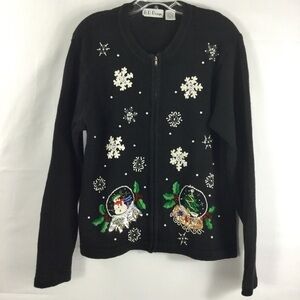 Vintage B.P. Design Beaded Snowy Christmas Snow Globe Zip Front Cardigan Size L